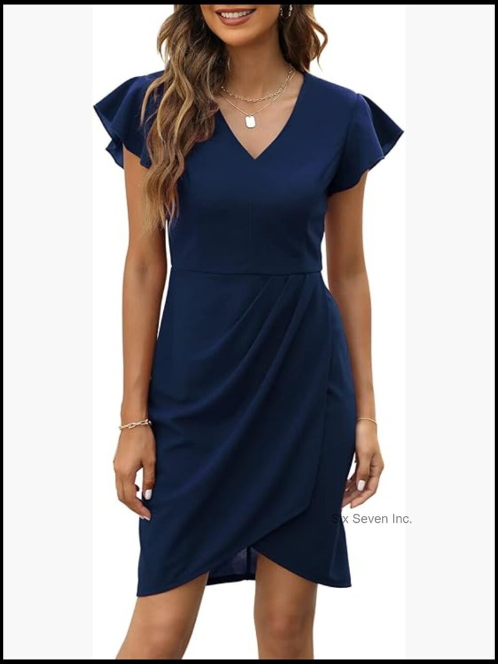 Flutter Sleeve Bodycon V Neck Ruched Wedding Guest Mini Dress
